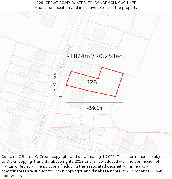 328, CREWE ROAD, WINTERLEY, SANDBACH, CW11 4RP: Plot and title map