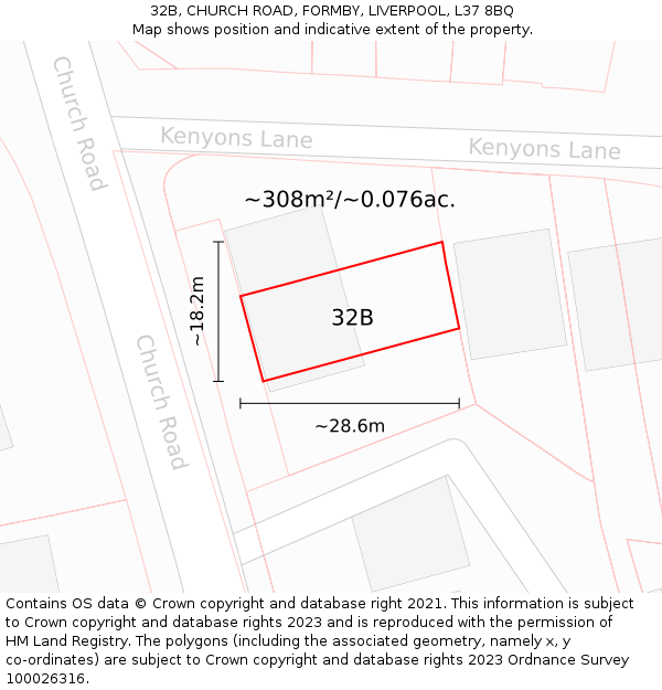 32B, CHURCH ROAD, FORMBY, LIVERPOOL, L37 8BQ: Plot and title map