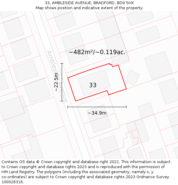 33, AMBLESIDE AVENUE, BRADFORD, BD9 5HX: Plot and title map