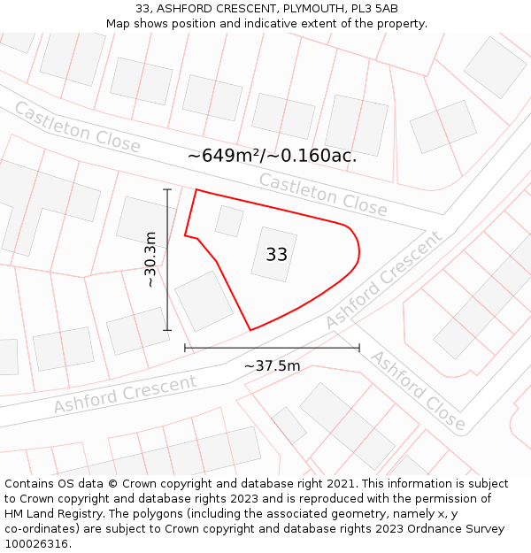 33, ASHFORD CRESCENT, PLYMOUTH, PL3 5AB: Plot and title map