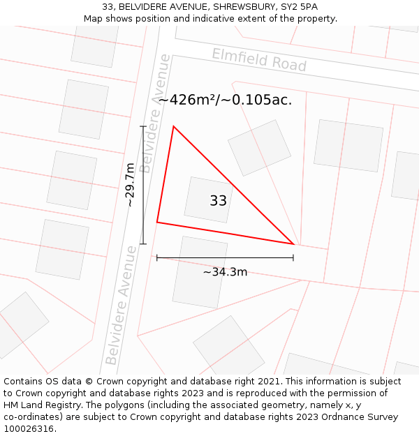 33, BELVIDERE AVENUE, SHREWSBURY, SY2 5PA: Plot and title map