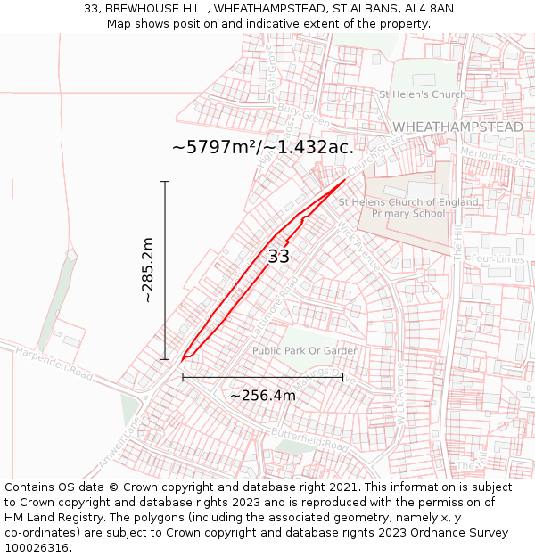33, BREWHOUSE HILL, WHEATHAMPSTEAD, ST ALBANS, AL4 8AN: Plot and title map