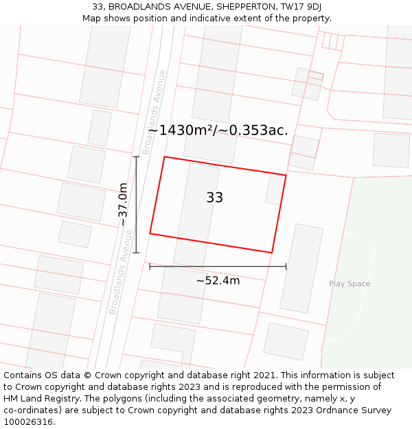 33, BROADLANDS AVENUE, SHEPPERTON, TW17 9DJ: Plot and title map