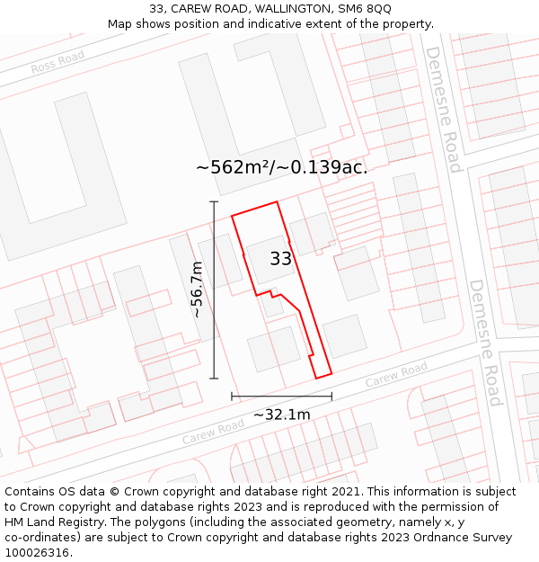 33, CAREW ROAD, WALLINGTON, SM6 8QQ: Plot and title map