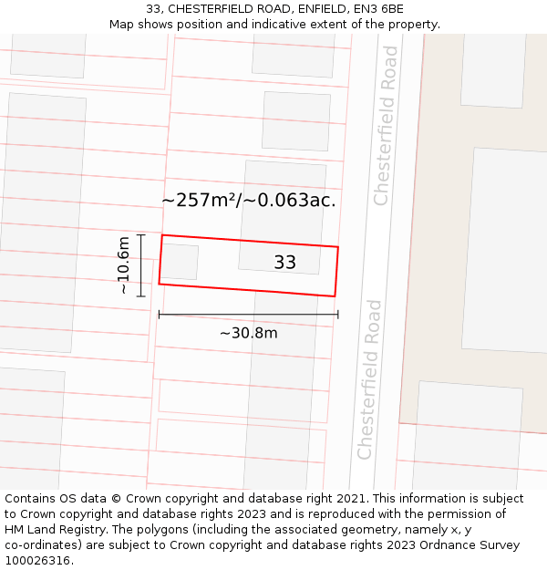 33, CHESTERFIELD ROAD, ENFIELD, EN3 6BE: Plot and title map