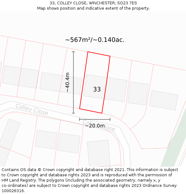 33, COLLEY CLOSE, WINCHESTER, SO23 7ES: Plot and title map