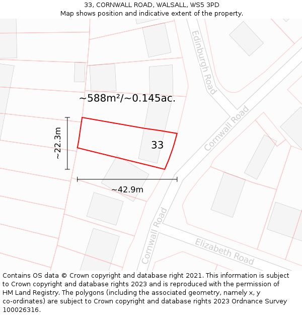 33, CORNWALL ROAD, WALSALL, WS5 3PD: Plot and title map