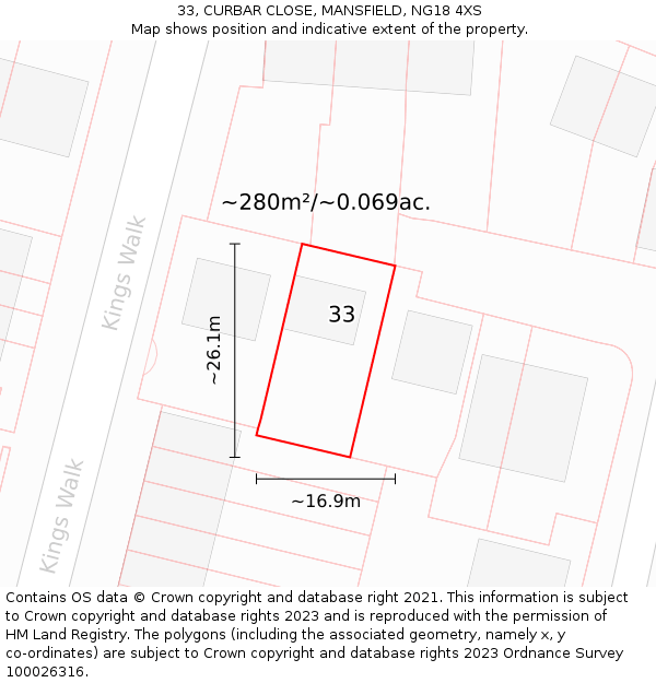 33, CURBAR CLOSE, MANSFIELD, NG18 4XS: Plot and title map