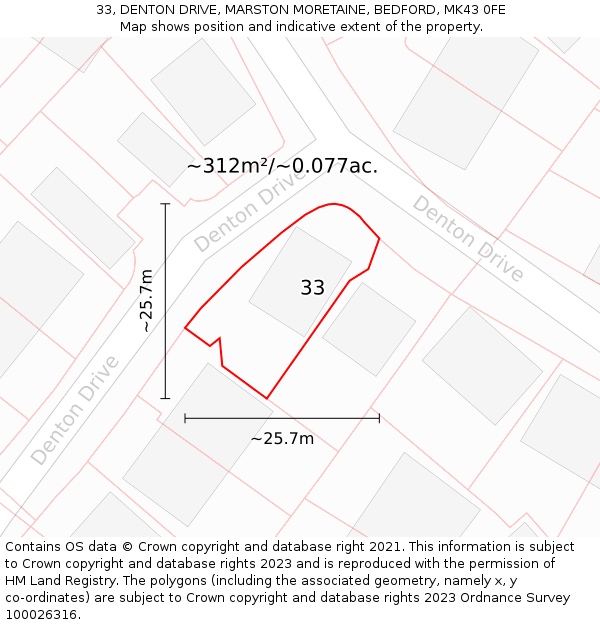 33, DENTON DRIVE, MARSTON MORETAINE, BEDFORD, MK43 0FE: Plot and title map