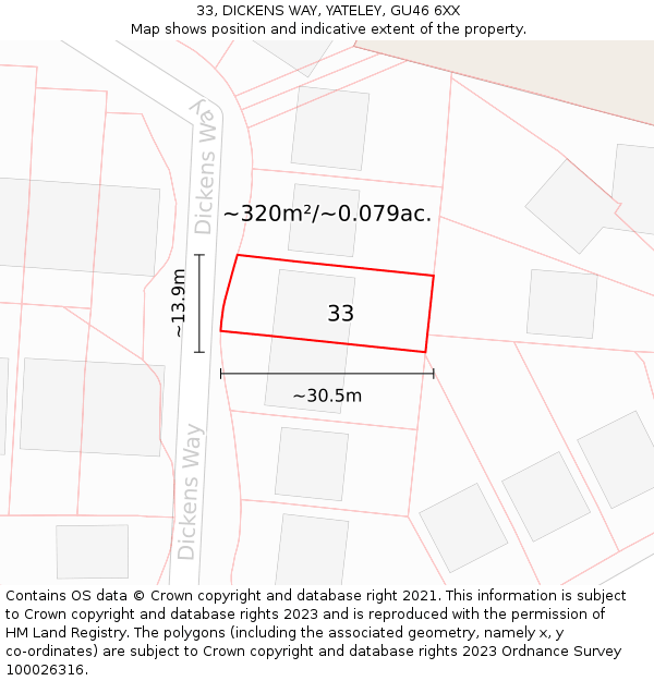 33, DICKENS WAY, YATELEY, GU46 6XX: Plot and title map