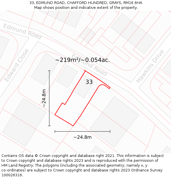 33, EDMUND ROAD, CHAFFORD HUNDRED, GRAYS, RM16 6HA: Plot and title map