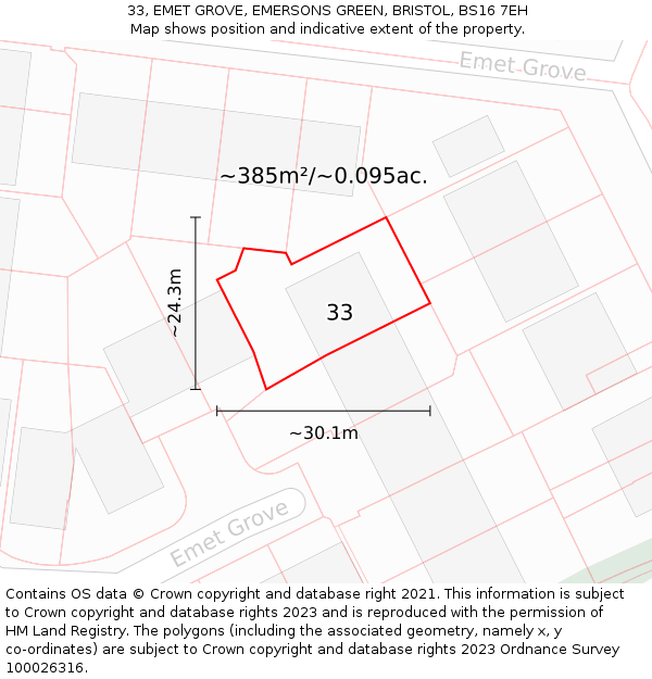33, EMET GROVE, EMERSONS GREEN, BRISTOL, BS16 7EH: Plot and title map