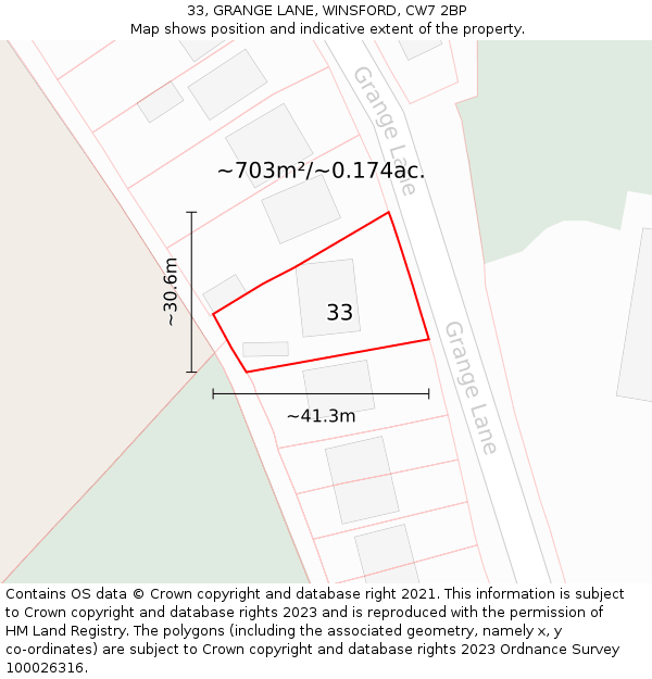 33, GRANGE LANE, WINSFORD, CW7 2BP: Plot and title map