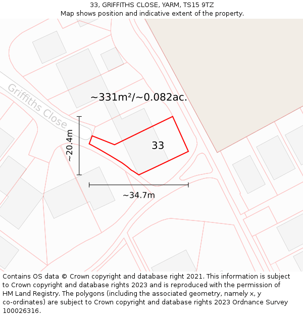 33, GRIFFITHS CLOSE, YARM, TS15 9TZ: Plot and title map