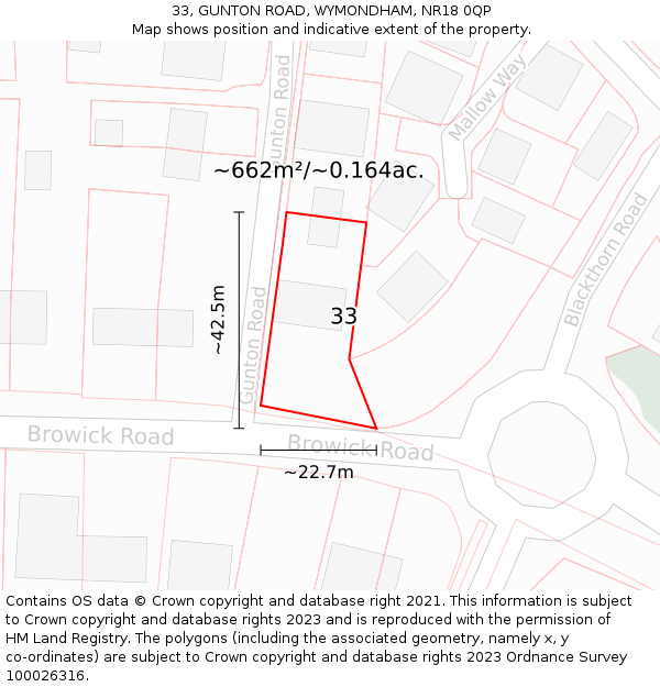 33, GUNTON ROAD, WYMONDHAM, NR18 0QP: Plot and title map