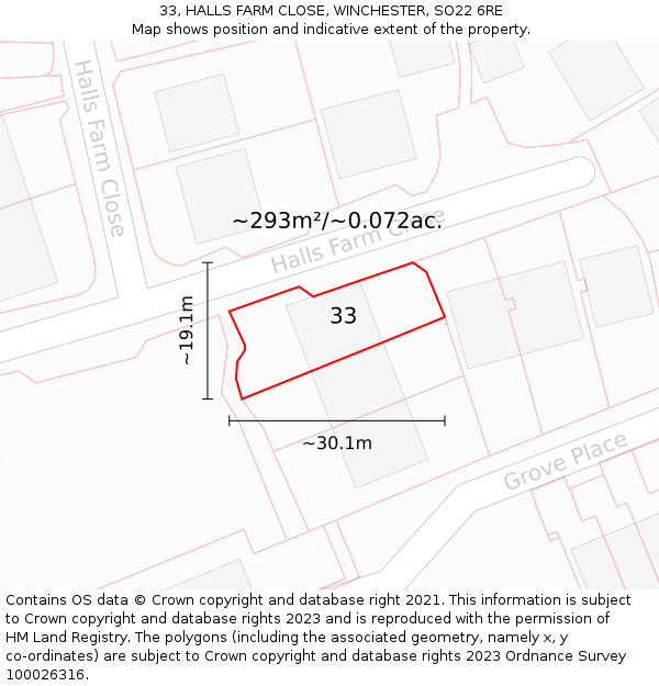 33, HALLS FARM CLOSE, WINCHESTER, SO22 6RE: Plot and title map