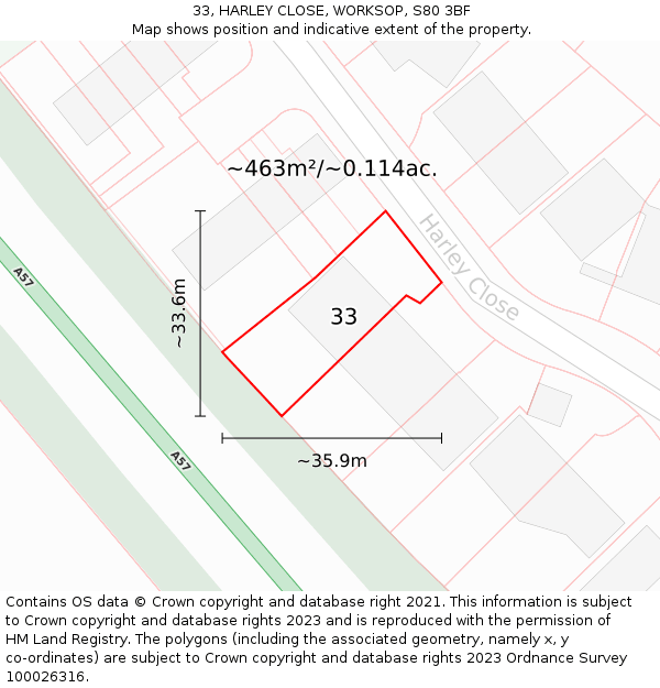 33, HARLEY CLOSE, WORKSOP, S80 3BF: Plot and title map