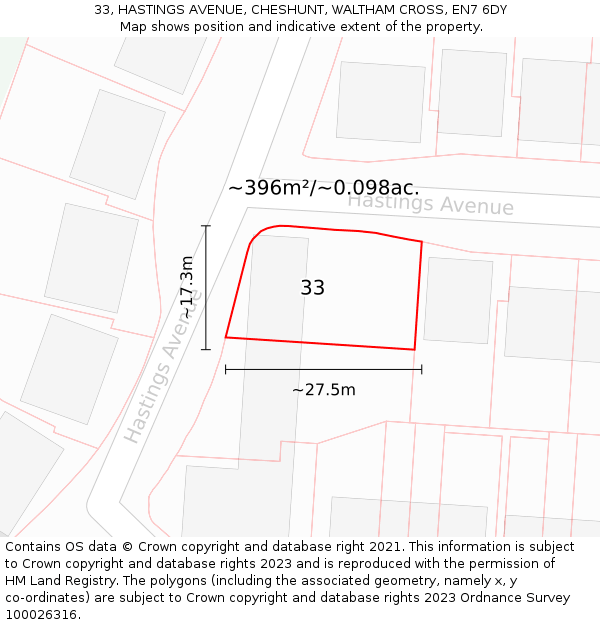 33, HASTINGS AVENUE, CHESHUNT, WALTHAM CROSS, EN7 6DY: Plot and title map