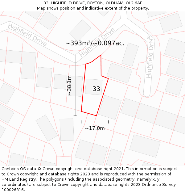 33, HIGHFIELD DRIVE, ROYTON, OLDHAM, OL2 6AF: Plot and title map