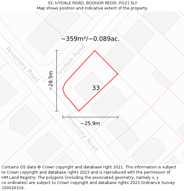 33, IVYDALE ROAD, BOGNOR REGIS, PO21 5LY: Plot and title map