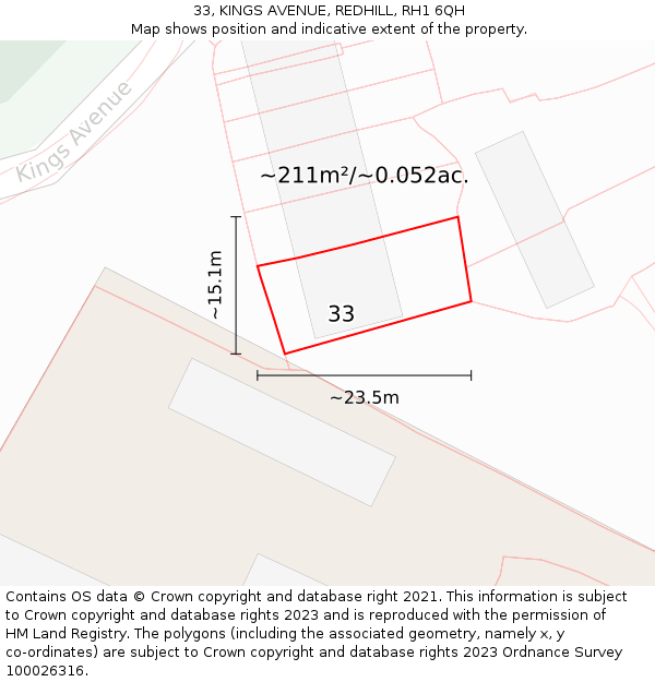 33, KINGS AVENUE, REDHILL, RH1 6QH: Plot and title map