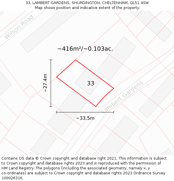 33, LAMBERT GARDENS, SHURDINGTON, CHELTENHAM, GL51 4SW: Plot and title map