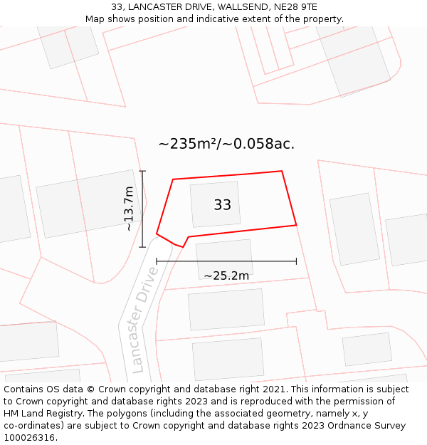 33, LANCASTER DRIVE, WALLSEND, NE28 9TE: Plot and title map