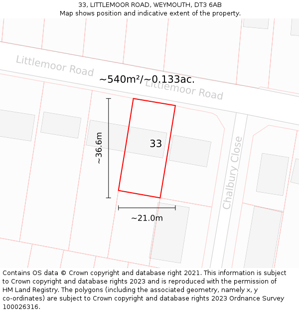 33, LITTLEMOOR ROAD, WEYMOUTH, DT3 6AB: Plot and title map