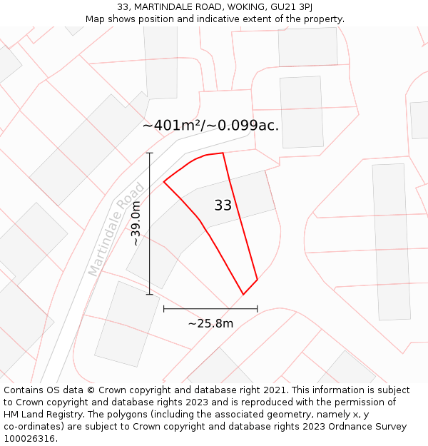 33, MARTINDALE ROAD, WOKING, GU21 3PJ: Plot and title map