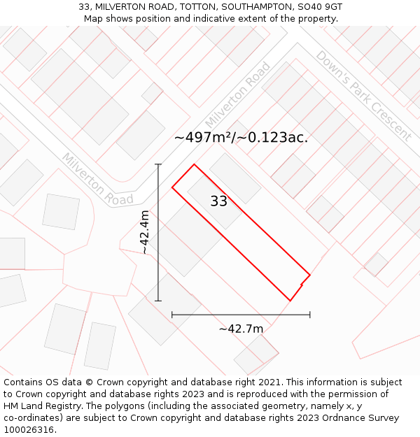 33, MILVERTON ROAD, TOTTON, SOUTHAMPTON, SO40 9GT: Plot and title map