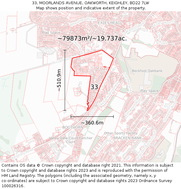 33, MOORLANDS AVENUE, OAKWORTH, KEIGHLEY, BD22 7LW: Plot and title map