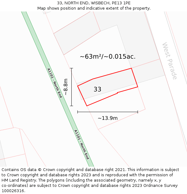 33, NORTH END, WISBECH, PE13 1PE: Plot and title map