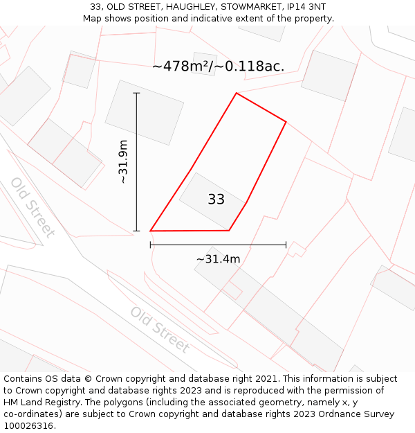 33, OLD STREET, HAUGHLEY, STOWMARKET, IP14 3NT: Plot and title map