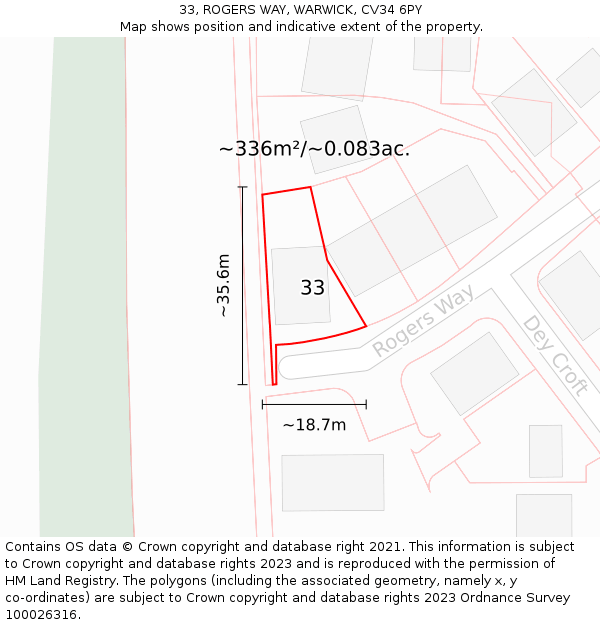 33, ROGERS WAY, WARWICK, CV34 6PY: Plot and title map