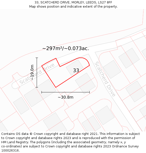 33, SCATCHERD DRIVE, MORLEY, LEEDS, LS27 8FF: Plot and title map