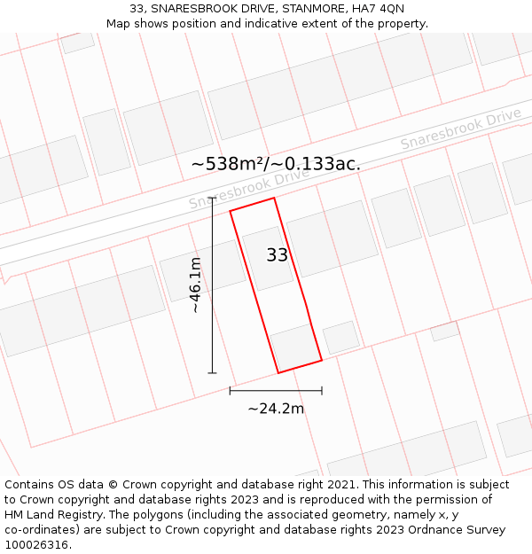 33, SNARESBROOK DRIVE, STANMORE, HA7 4QN: Plot and title map