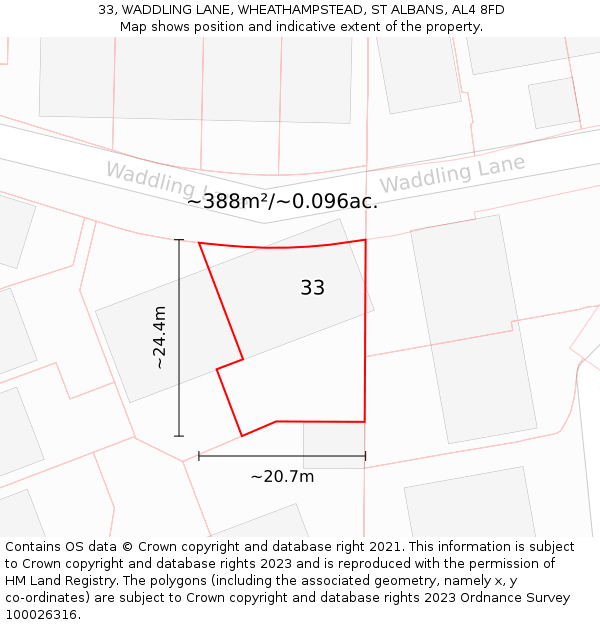 33, WADDLING LANE, WHEATHAMPSTEAD, ST ALBANS, AL4 8FD: Plot and title map