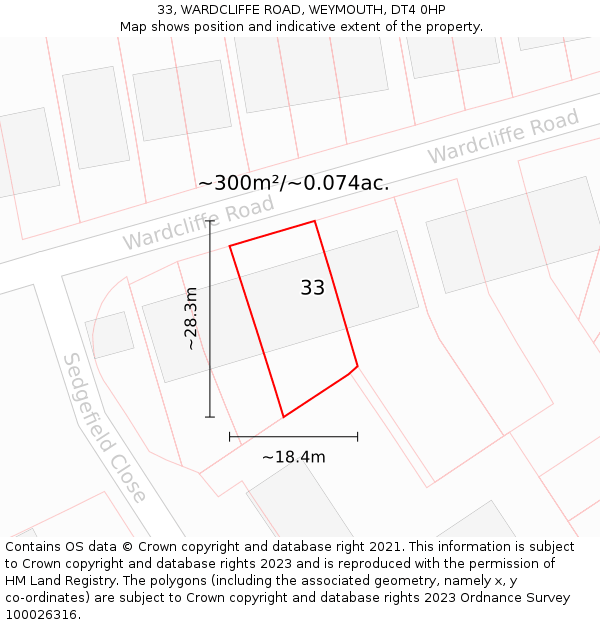 33, WARDCLIFFE ROAD, WEYMOUTH, DT4 0HP: Plot and title map