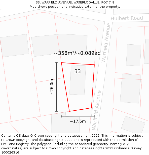 33, WARFIELD AVENUE, WATERLOOVILLE, PO7 7JN: Plot and title map