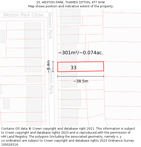 33, WESTON PARK, THAMES DITTON, KT7 0HW: Plot and title map