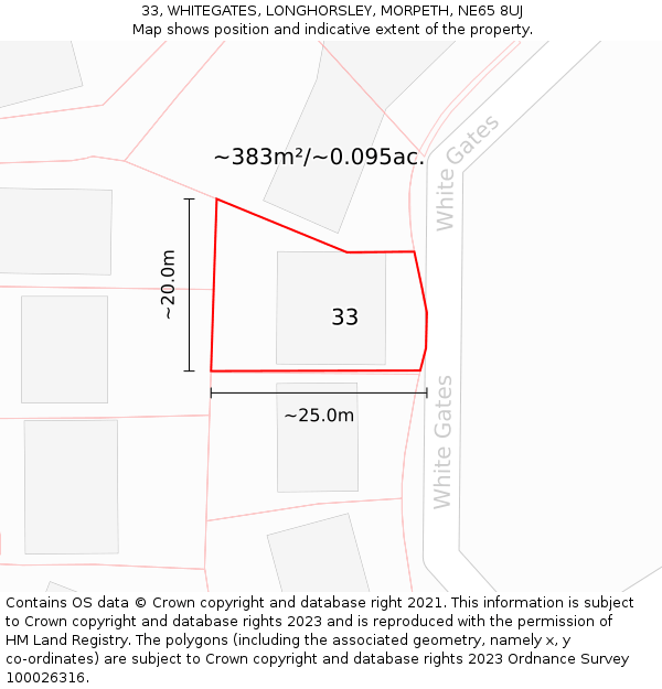 33, WHITEGATES, LONGHORSLEY, MORPETH, NE65 8UJ: Plot and title map