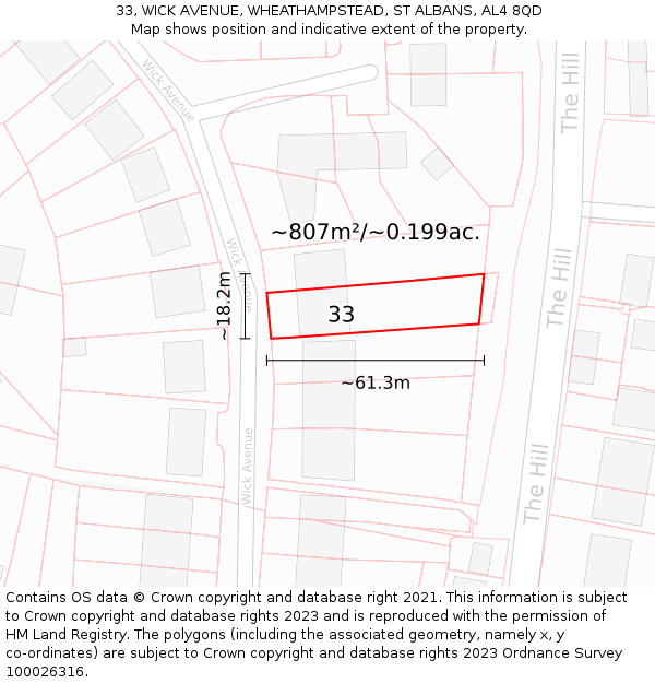 33, WICK AVENUE, WHEATHAMPSTEAD, ST ALBANS, AL4 8QD: Plot and title map