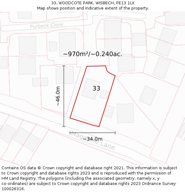 33, WOODCOTE PARK, WISBECH, PE13 1LX: Plot and title map