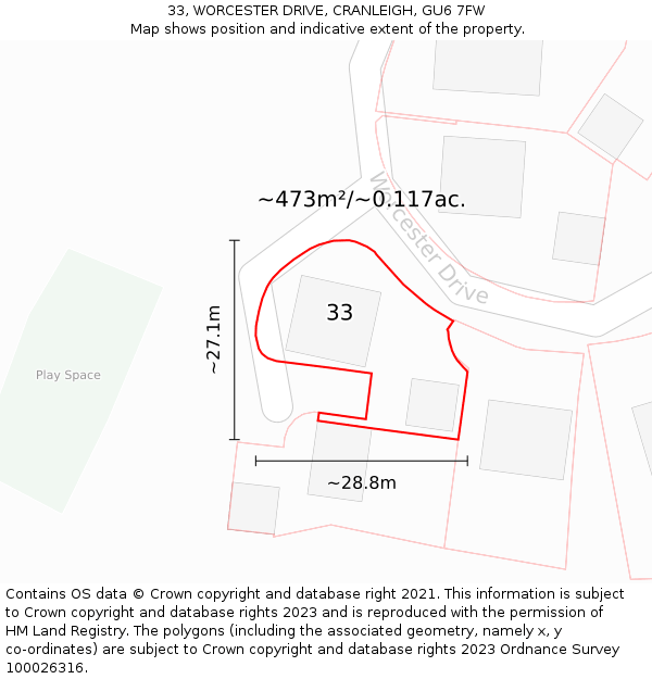 33, WORCESTER DRIVE, CRANLEIGH, GU6 7FW: Plot and title map