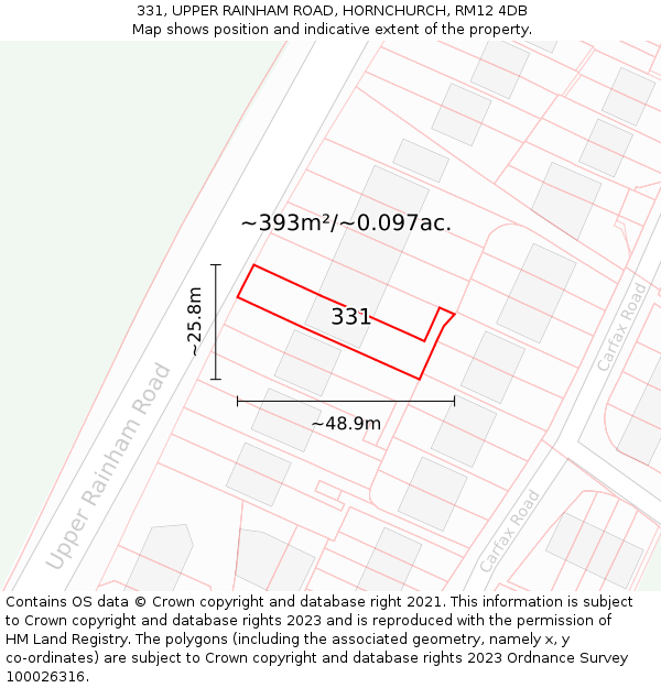 331, UPPER RAINHAM ROAD, HORNCHURCH, RM12 4DB: Plot and title map