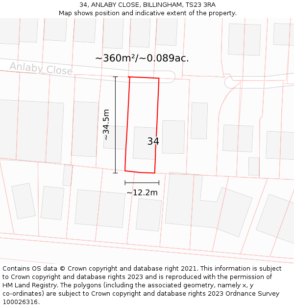 34, ANLABY CLOSE, BILLINGHAM, TS23 3RA: Plot and title map