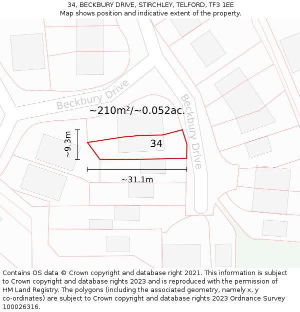 34, BECKBURY DRIVE, STIRCHLEY, TELFORD, TF3 1EE: Plot and title map