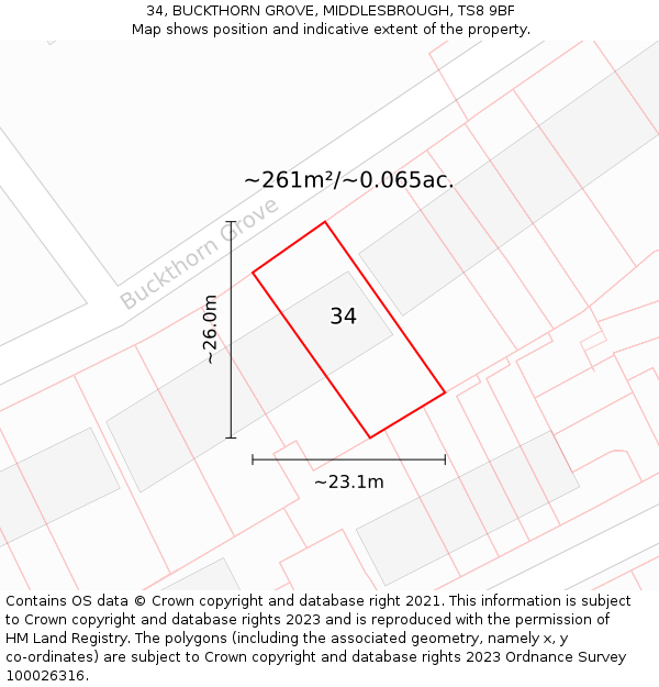 34, BUCKTHORN GROVE, MIDDLESBROUGH, TS8 9BF: Plot and title map