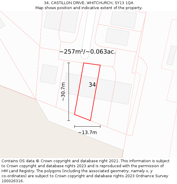 34, CASTILLON DRIVE, WHITCHURCH, SY13 1QA: Plot and title map