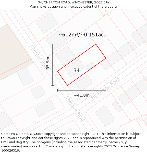 34, CHERITON ROAD, WINCHESTER, SO22 5AY: Plot and title map